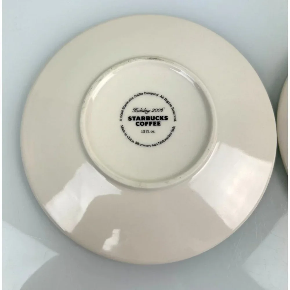 Starbucks 2006 Set of 2 Christmas Saucer Plates, Red Tree, Green Blue Stocking